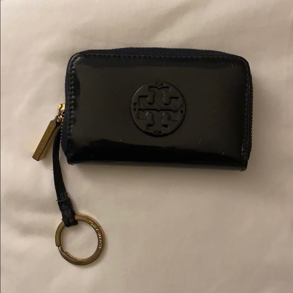 Tory Burch navy patent leather coin pouch key ring